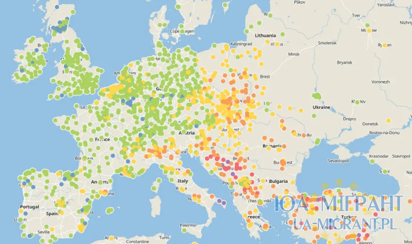 Візуальна мапа якості повітря в Європі і Польщі за 2023 рік